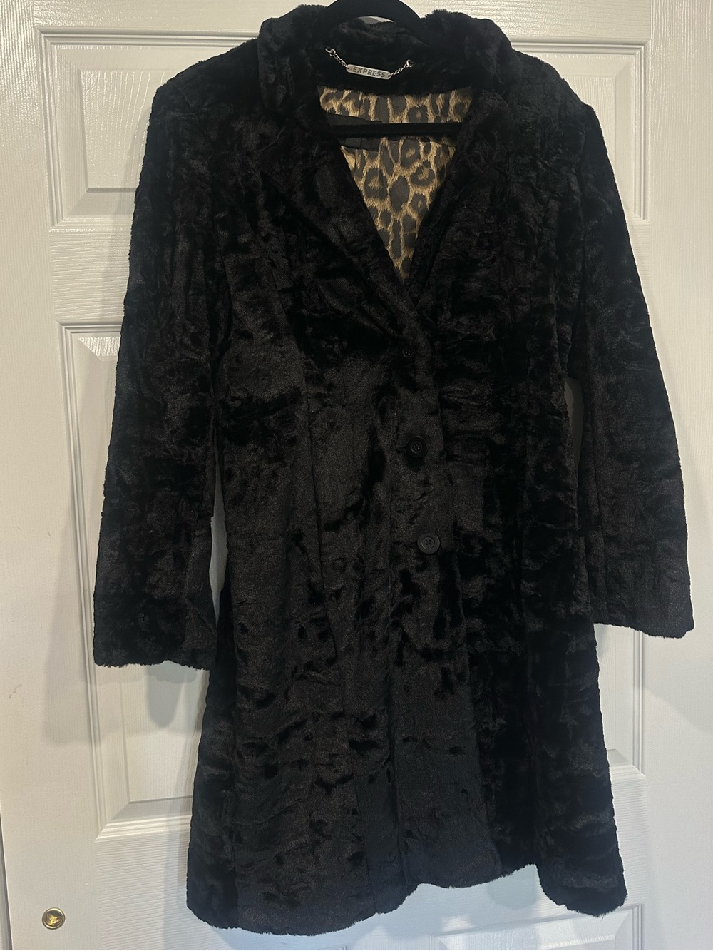 Express Black Faux Fur Long Coat Leopard Lined- size 5/6